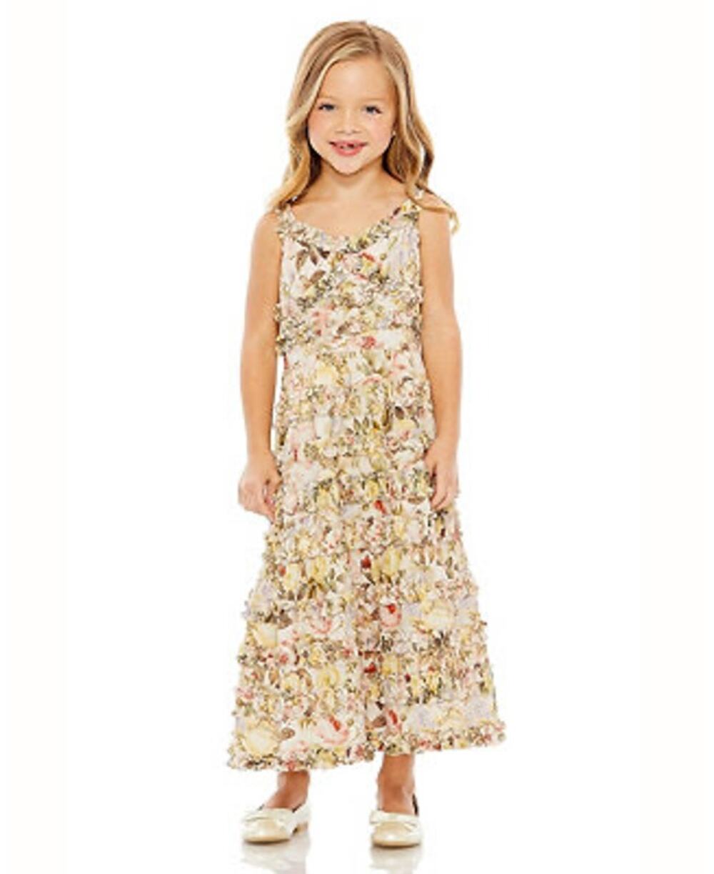 Mac Duggal Big Girls Floral Micro Ruffle Tiered Midi Maxi Lined Dress $395